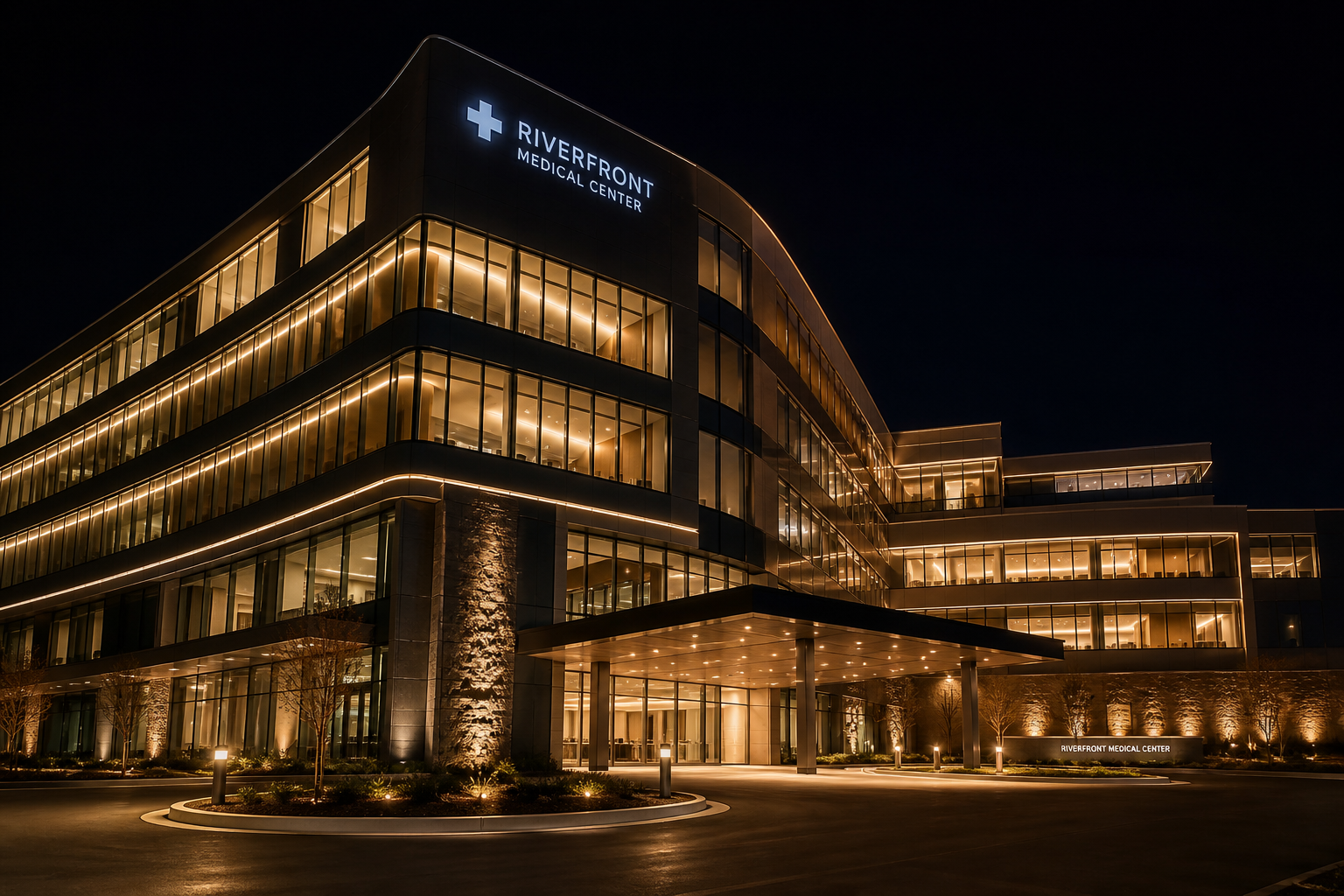 Modern hospital medical center illuminated at night